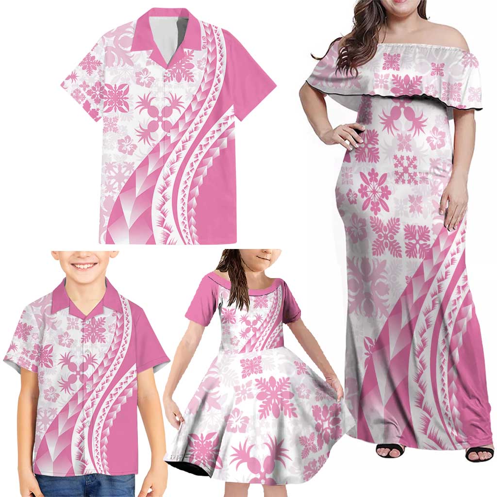 Pink Hawaiian Quilt Pattern Family Matching Off Shoulder Maxi Dress and Hawaiian Shirt Mixed Polynesian Tribal Arty LT9 - Polynesian Pride