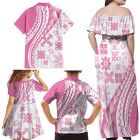 Pink Hawaiian Quilt Pattern Family Matching Off Shoulder Maxi Dress and Hawaiian Shirt Mixed Polynesian Tribal Arty LT9 - Polynesian Pride