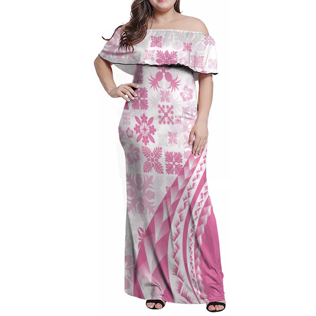 Pink Hawaiian Quilt Pattern Family Matching Off Shoulder Maxi Dress and Hawaiian Shirt Mixed Polynesian Tribal Arty LT9 Mom's Dress Pink - Polynesian Pride