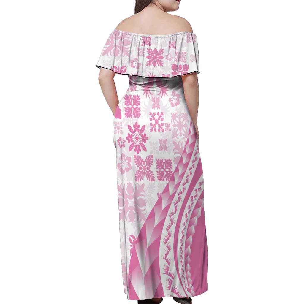 Pink Hawaiian Quilt Pattern Family Matching Off Shoulder Maxi Dress and Hawaiian Shirt Mixed Polynesian Tribal Arty LT9 - Polynesian Pride