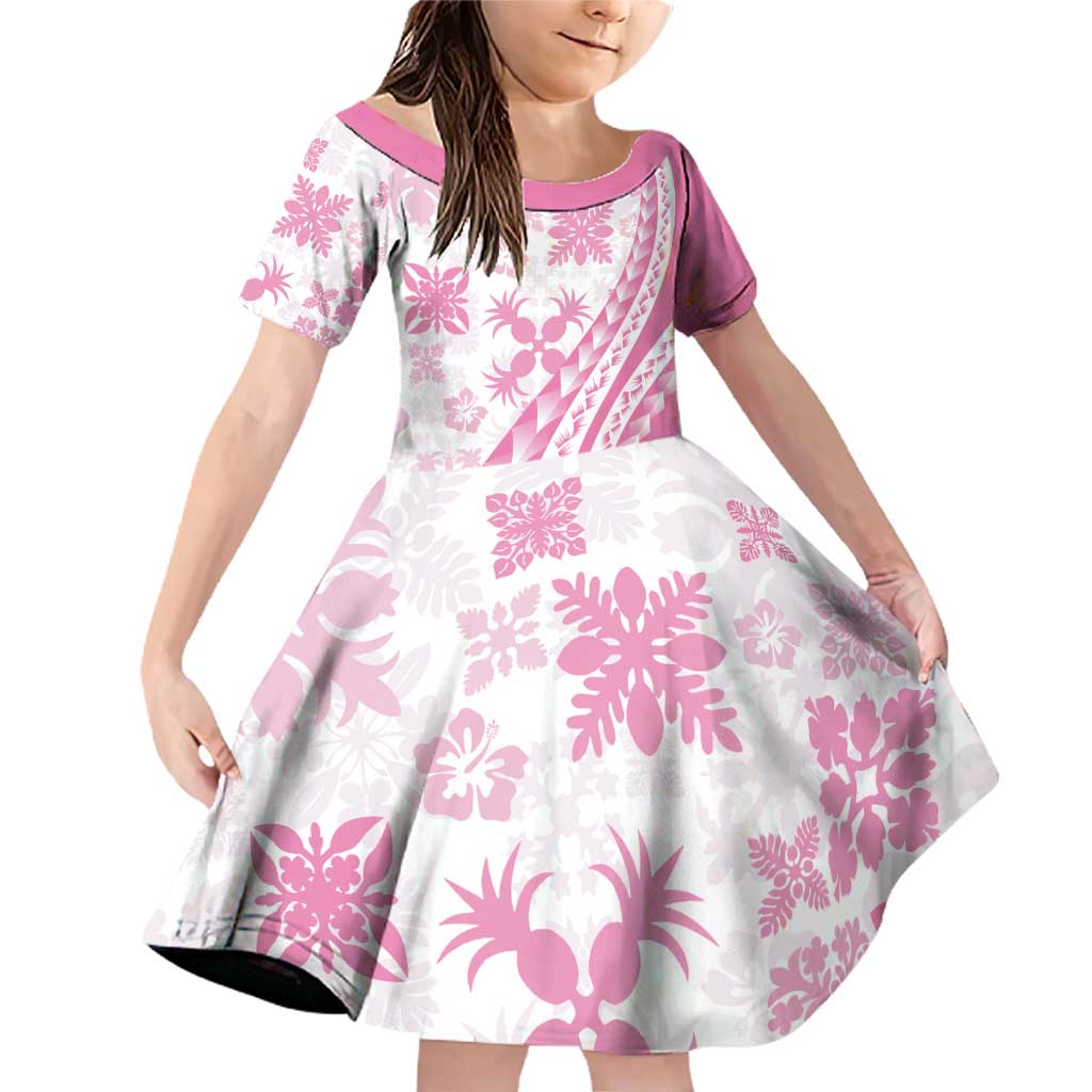 Pink Hawaiian Quilt Pattern Family Matching Off Shoulder Short Dress and Hawaiian Shirt Mixed Polynesian Tribal Arty LT9 Daughter's Dress Pink - Polynesian Pride