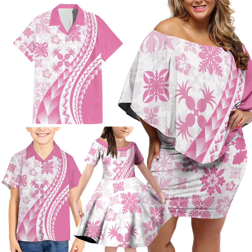 Pink Hawaiian Quilt Pattern Family Matching Off Shoulder Short Dress and Hawaiian Shirt Mixed Polynesian Tribal Arty LT9 - Polynesian Pride