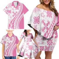 Pink Hawaiian Quilt Pattern Family Matching Off Shoulder Short Dress and Hawaiian Shirt Mixed Polynesian Tribal Arty LT9 - Polynesian Pride