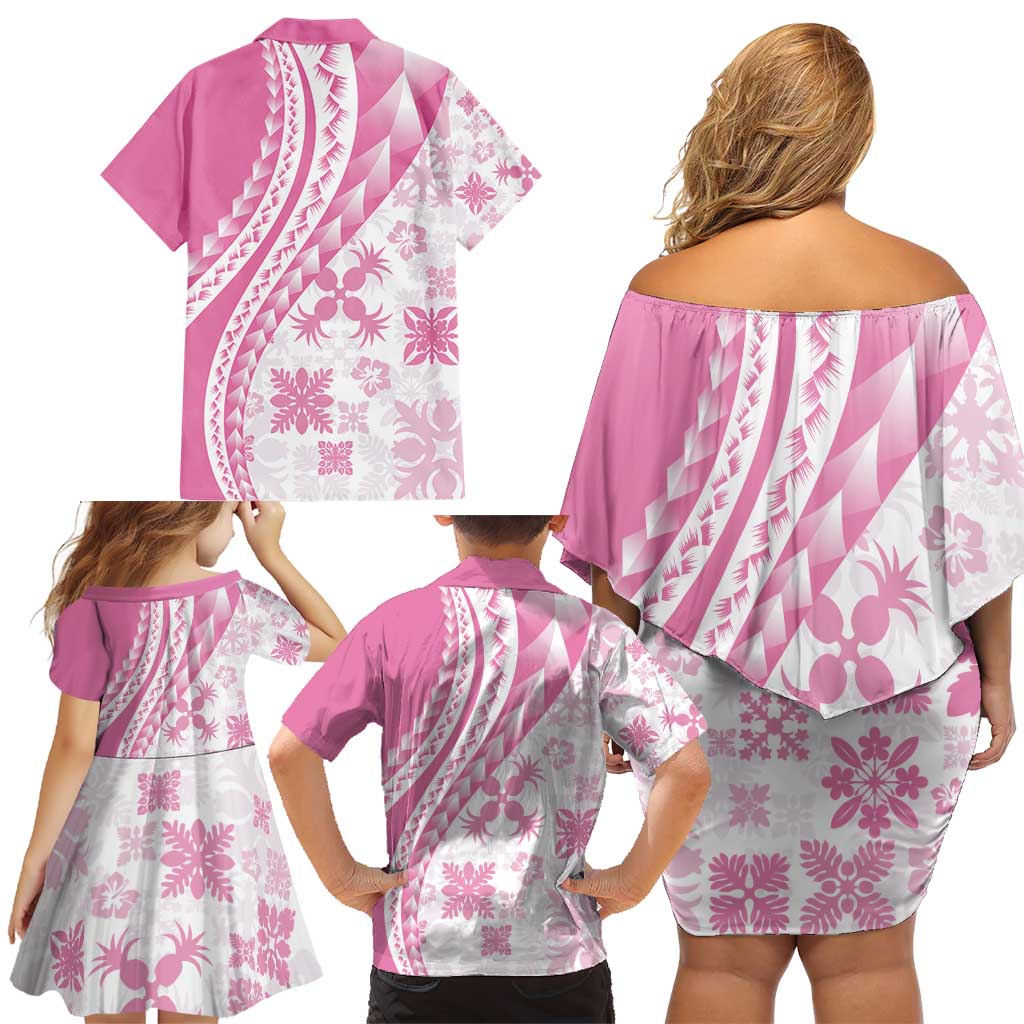 Pink Hawaiian Quilt Pattern Family Matching Off Shoulder Short Dress and Hawaiian Shirt Mixed Polynesian Tribal Arty LT9 - Polynesian Pride