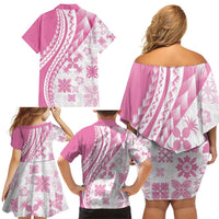 Pink Hawaiian Quilt Pattern Family Matching Off Shoulder Short Dress and Hawaiian Shirt Mixed Polynesian Tribal Arty LT9 - Polynesian Pride