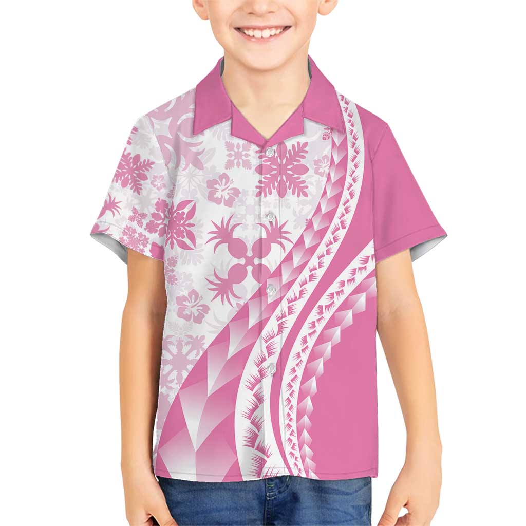 Pink Hawaiian Quilt Pattern Family Matching Off Shoulder Short Dress and Hawaiian Shirt Mixed Polynesian Tribal Arty LT9 Son's Shirt Pink - Polynesian Pride