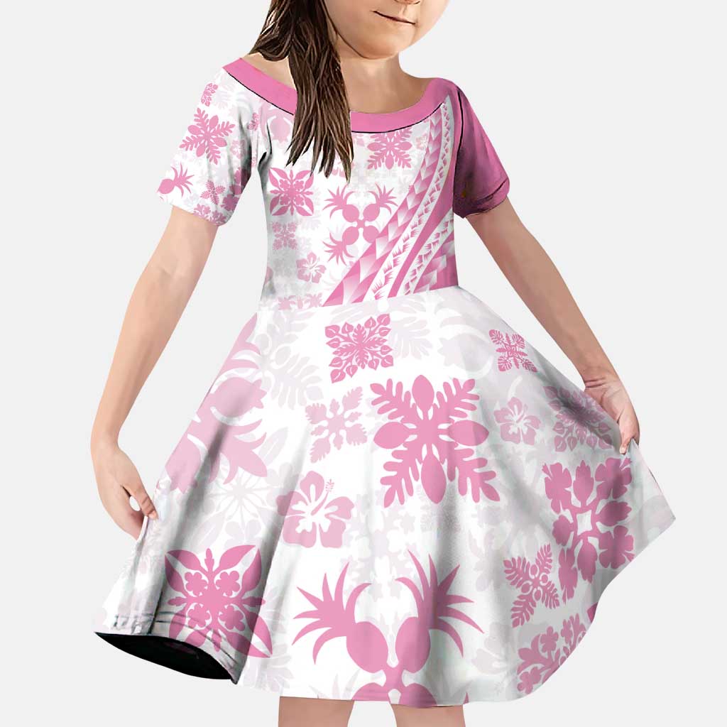 Pink Hawaiian Quilt Pattern Family Matching Puletasi and Hawaiian Shirt Mixed Polynesian Tribal Arty LT9 Daughter's Dress Pink - Polynesian Pride