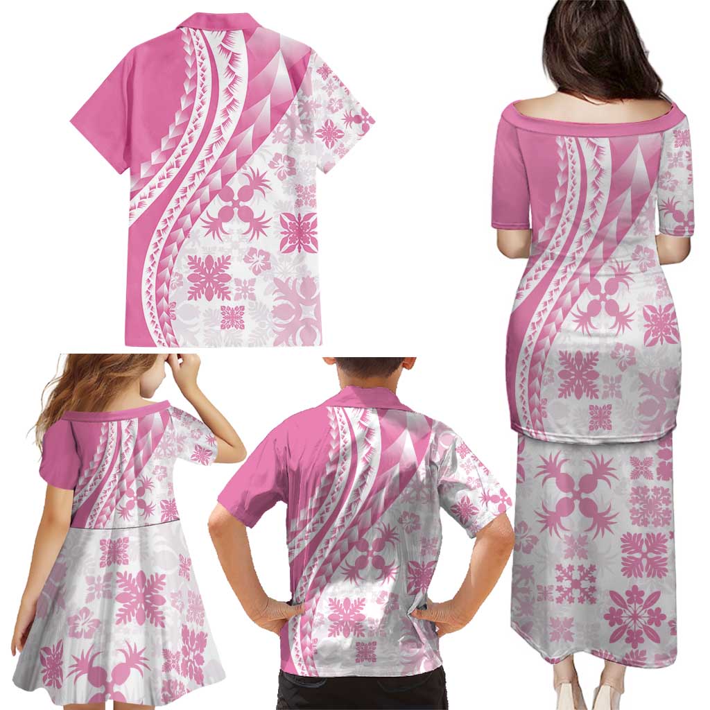 Pink Hawaiian Quilt Pattern Family Matching Puletasi and Hawaiian Shirt Mixed Polynesian Tribal Arty LT9 - Polynesian Pride