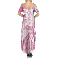 Pink Hawaiian Quilt Pattern Family Matching Summer Maxi Dress and Hawaiian Shirt Mixed Polynesian Tribal Arty LT9 - Polynesian Pride