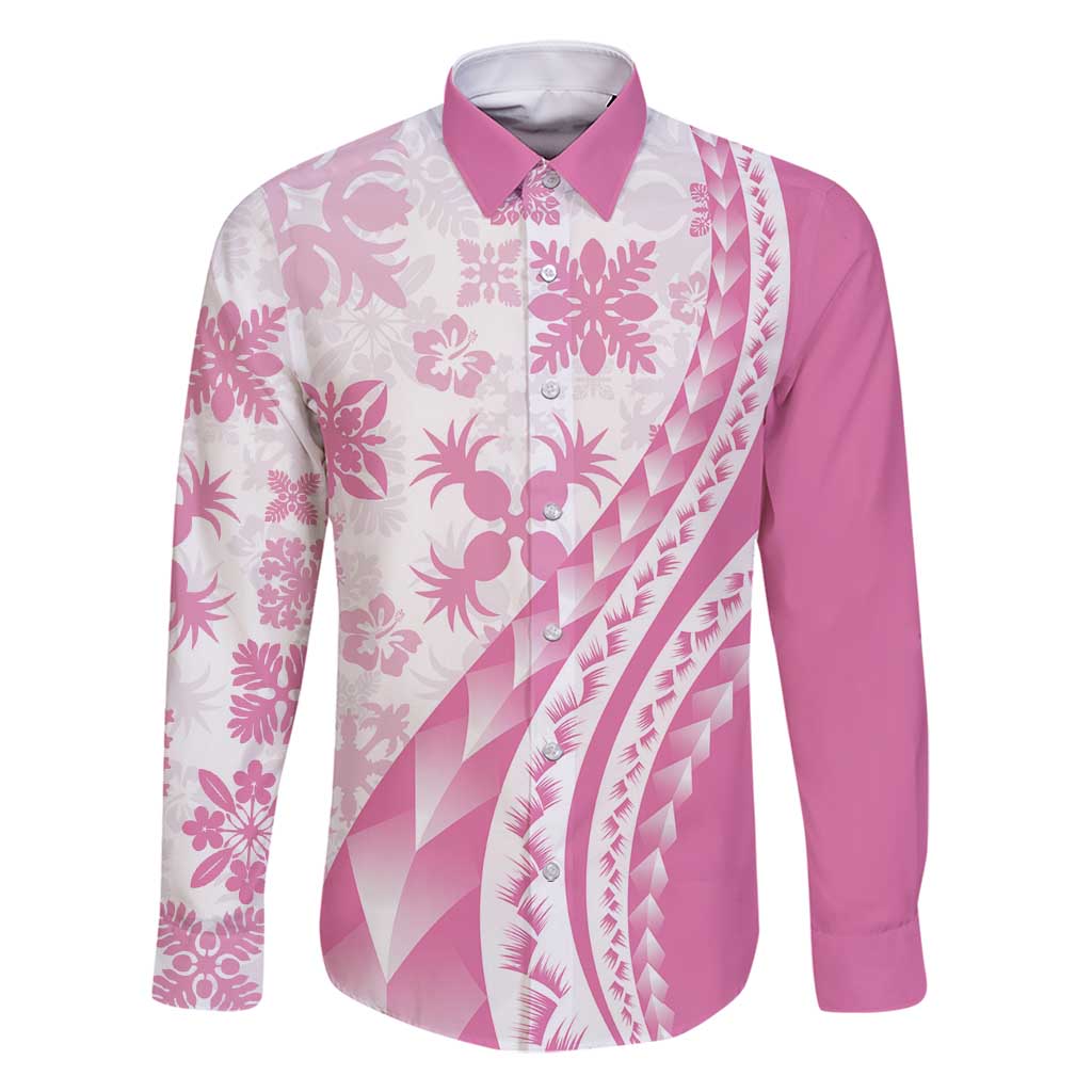 Pink Hawaiian Quilt Pattern Family Matching Tank Maxi Dress and Hawaiian Shirt Mixed Polynesian Tribal Arty LT9 Dad's Shirt - Long Sleeve Pink - Polynesian Pride