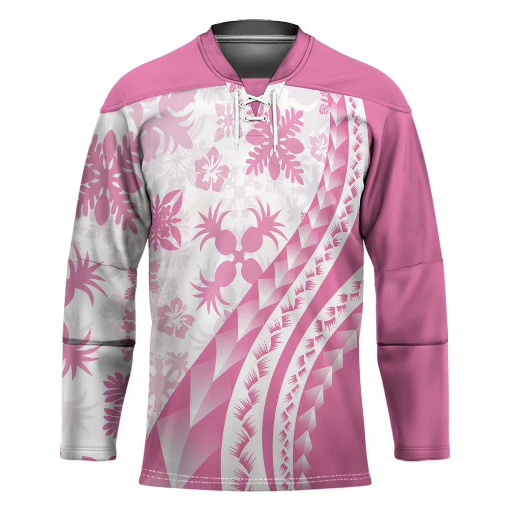 Pink Hawaiian Quilt Pattern Hockey Jersey Mixed Polynesian Tribal Arty - Polynesian Pride
