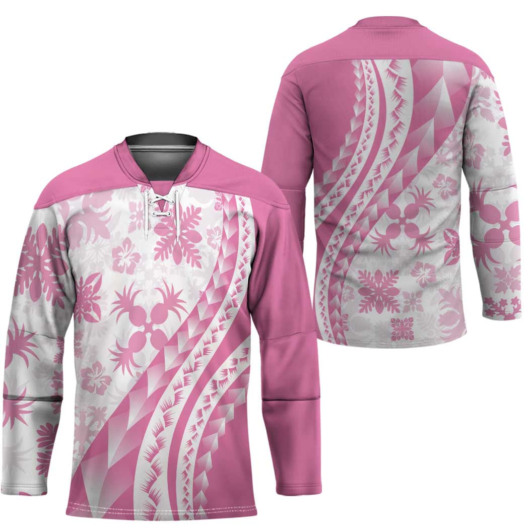 Pink Hawaiian Quilt Pattern Hockey Jersey Mixed Polynesian Tribal Arty - Polynesian Pride