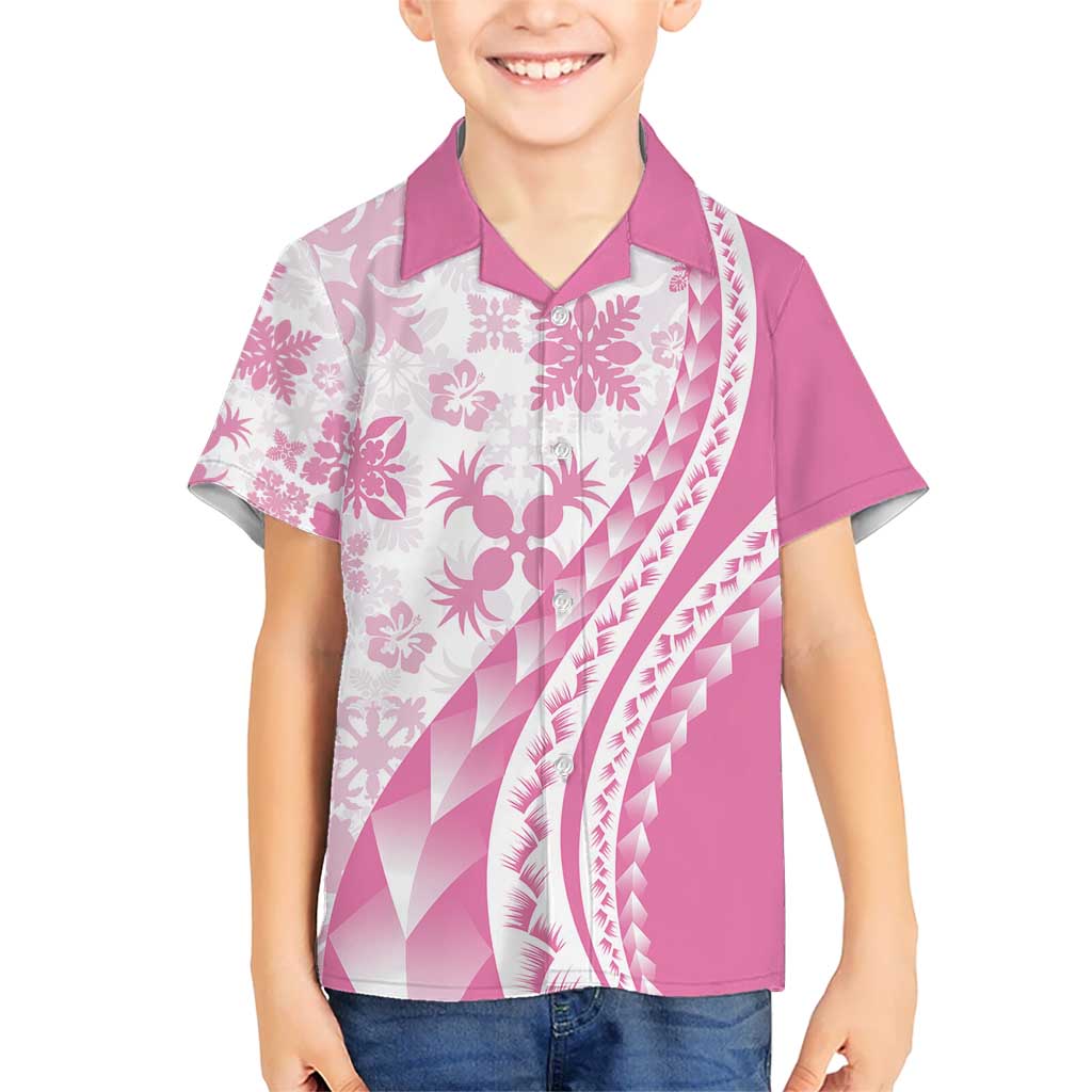 Pink Hawaiian Quilt Pattern Kid Hawaiian Shirt Mixed Polynesian Tribal Arty LT9 Kid Pink - Polynesian Pride