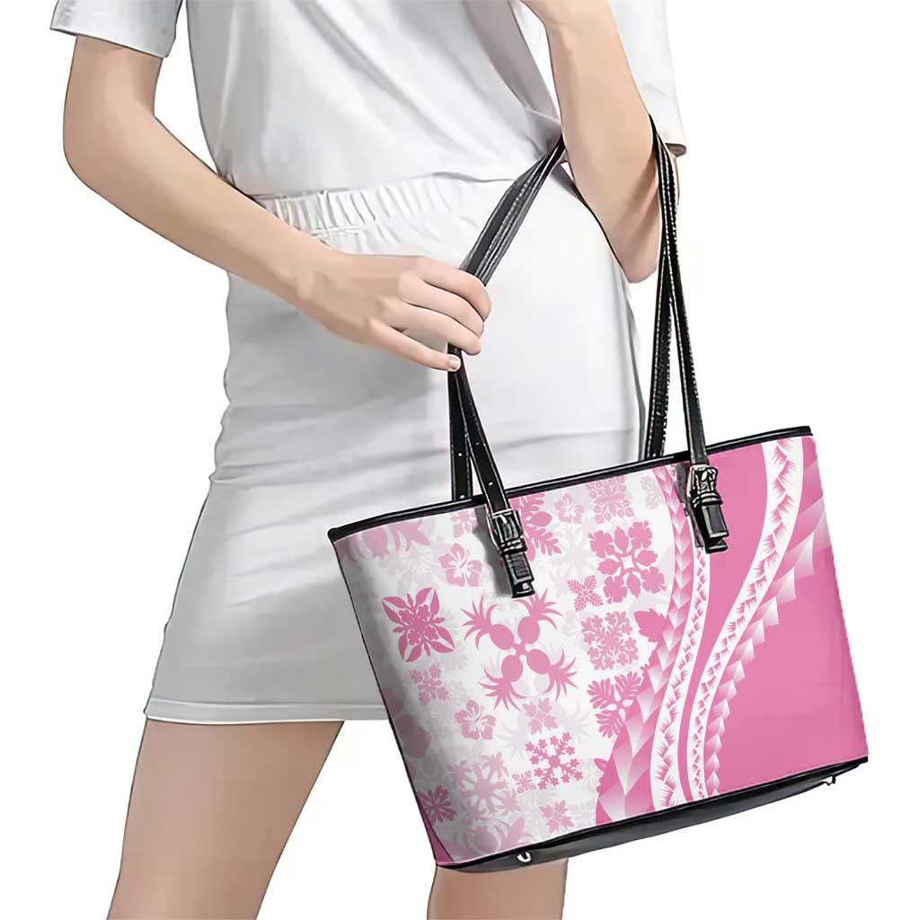 Pink Hawaiian Quilt Pattern Leather Tote Bag Mixed Polynesian Tribal Arty