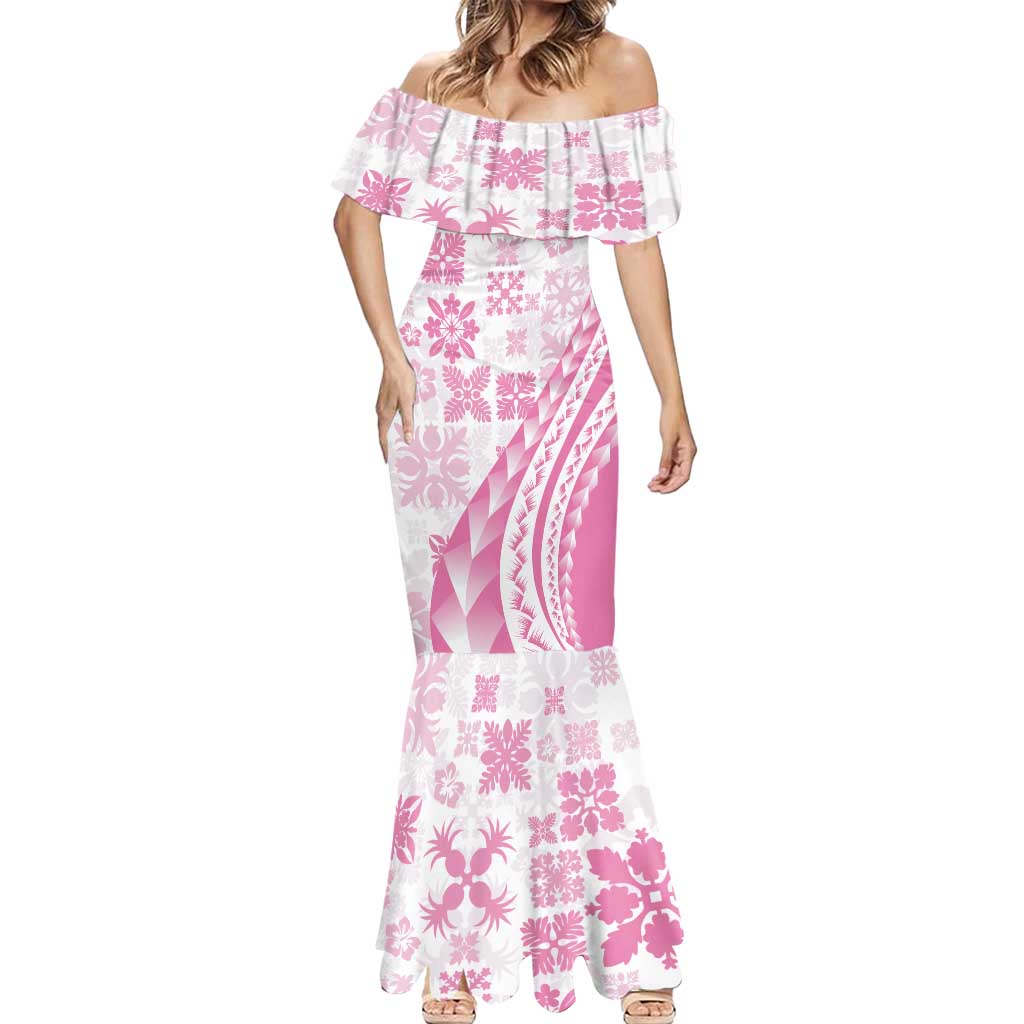 Pink Hawaiian Quilt Pattern Mermaid Dress Mixed Polynesian Tribal Arty