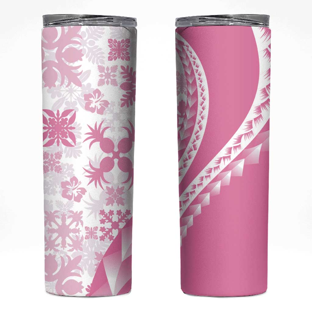 Pink Hawaiian Quilt Pattern Skinny Tumbler Mixed Polynesian Tribal Arty