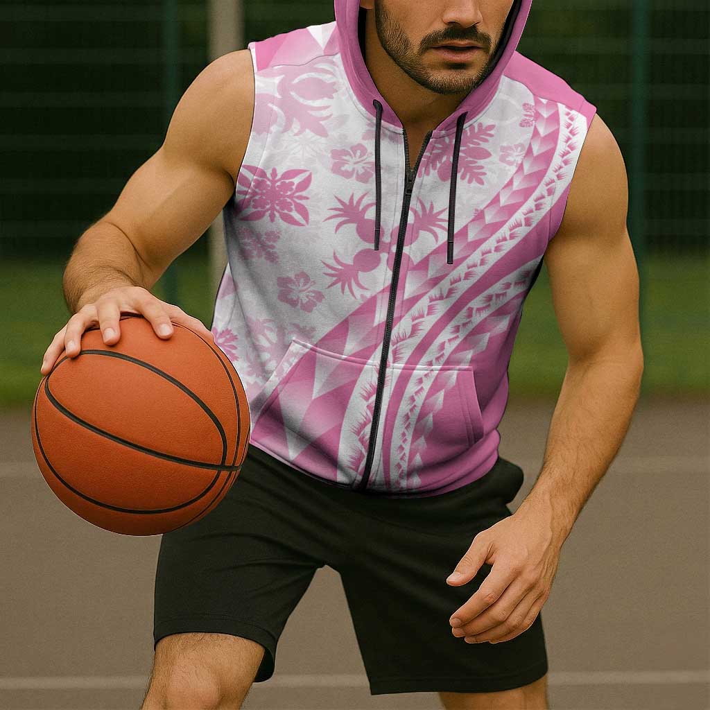 Pink Hawaiian Quilt Pattern Sleeveless Zip Hoodie Mixed Polynesian Tribal Arty - Polynesian Pride