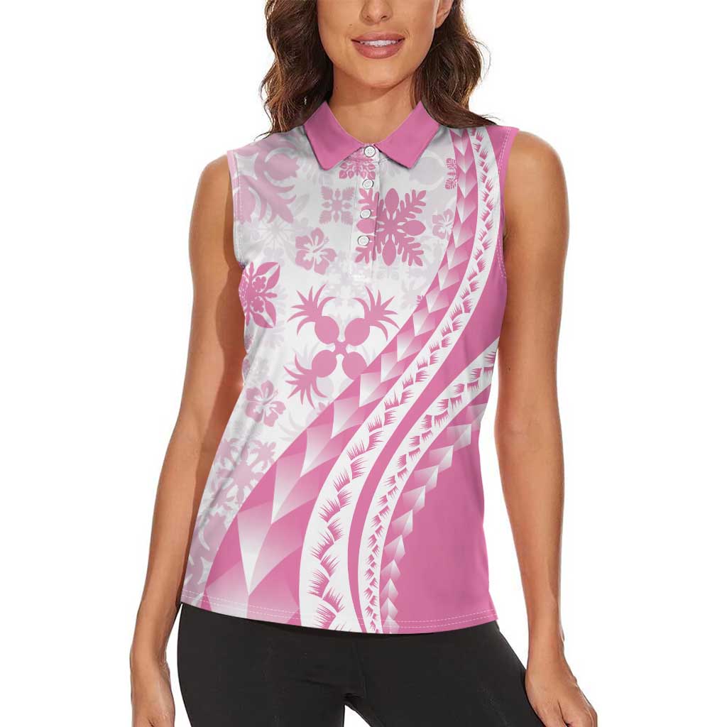 Pink Hawaiian Quilt Pattern Women Sleeveless Polo Shirt Mixed Polynesian Tribal Arty