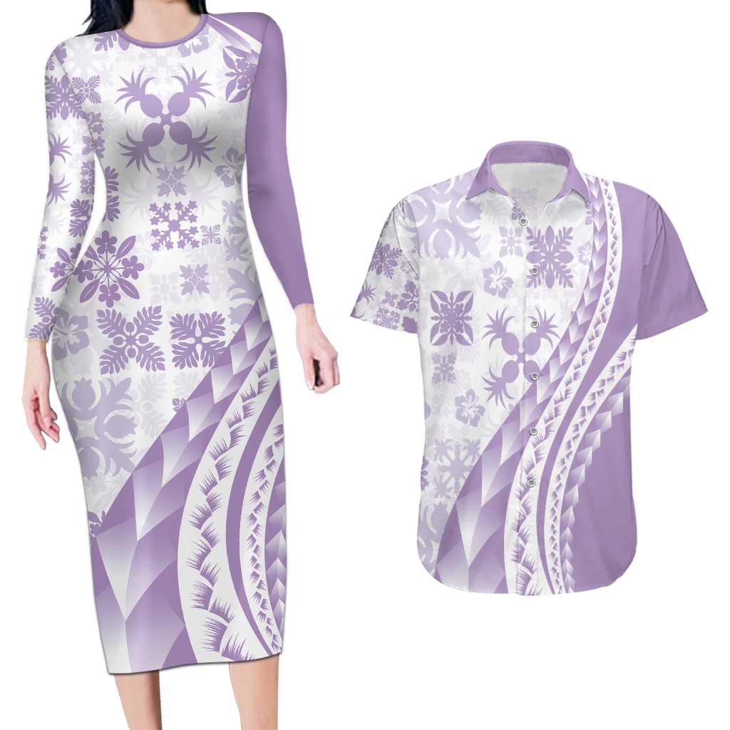 Purple Hawaiian Quilt Pattern Couples Matching Long Sleeve Bodycon Dress and Hawaiian Shirt Mixed Polynesian Tribal Arty LT9 Purple - Polynesian Pride