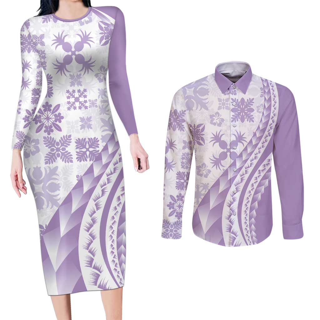 Purple Hawaiian Quilt Pattern Couples Matching Long Sleeve Bodycon Dress and Long Sleeve Button Shirt Mixed Polynesian Tribal Arty LT9 Purple - Polynesian Pride