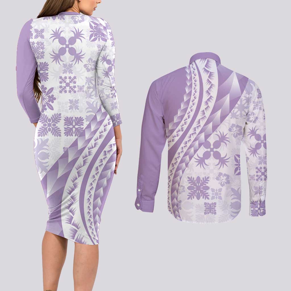 Purple Hawaiian Quilt Pattern Couples Matching Long Sleeve Bodycon Dress and Long Sleeve Button Shirt Mixed Polynesian Tribal Arty LT9 - Polynesian Pride
