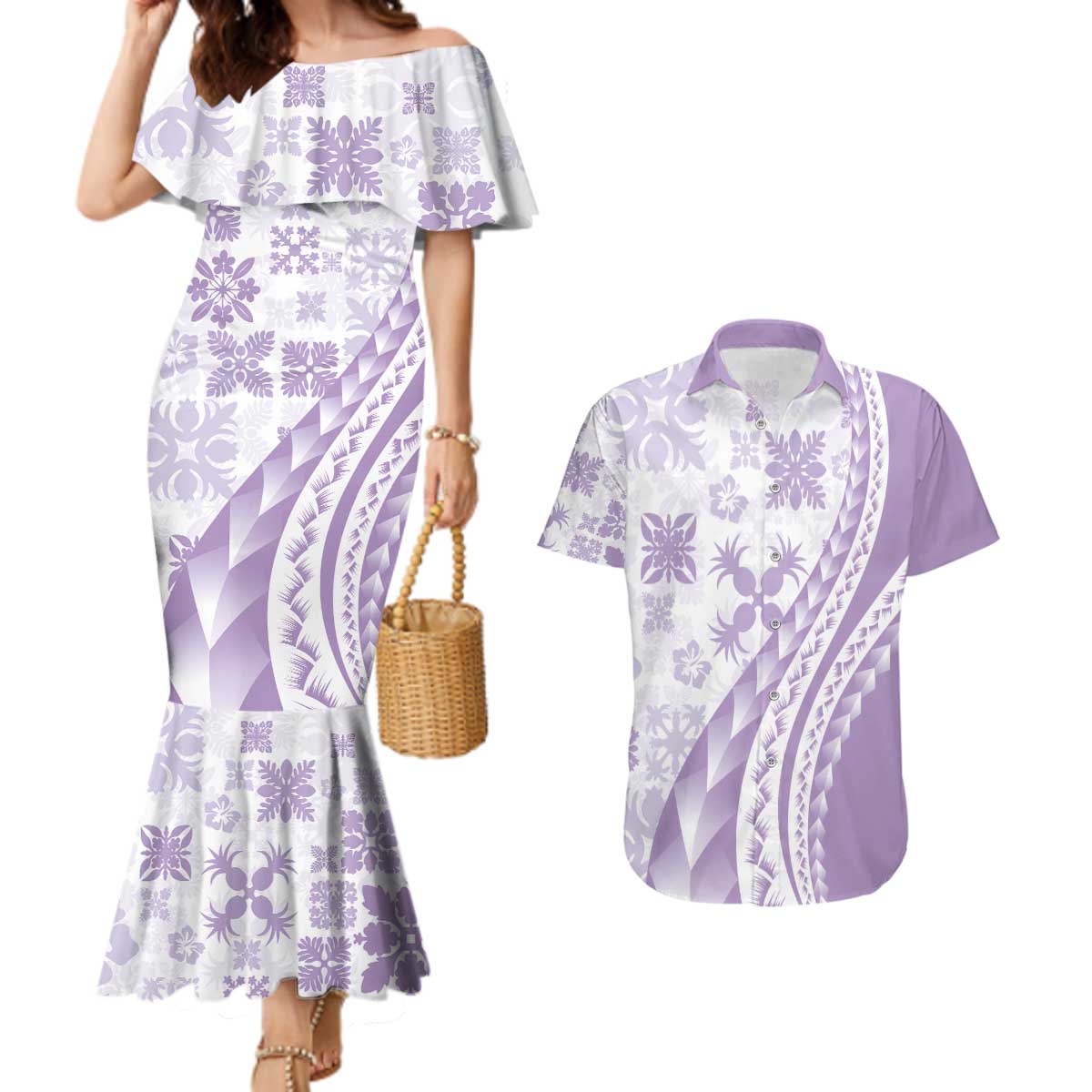 Purple Hawaiian Quilt Pattern Couples Matching Mermaid Dress and Hawaiian Shirt Mixed Polynesian Tribal Arty LT9 Purple - Polynesian Pride