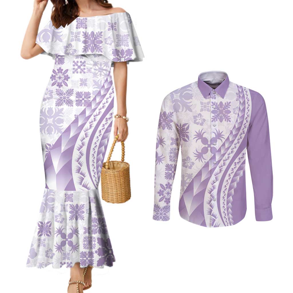 Purple Hawaiian Quilt Pattern Couples Matching Mermaid Dress and Long Sleeve Button Shirt Mixed Polynesian Tribal Arty LT9 Purple - Polynesian Pride