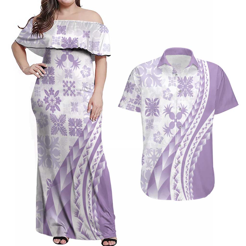 Purple Hawaiian Quilt Pattern Couples Matching Off Shoulder Maxi Dress and Hawaiian Shirt Mixed Polynesian Tribal Arty LT9 Purple - Polynesian Pride