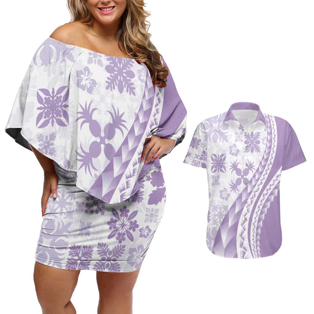 Purple Hawaiian Quilt Pattern Couples Matching Off Shoulder Short Dress and Hawaiian Shirt Mixed Polynesian Tribal Arty LT9 Purple - Polynesian Pride