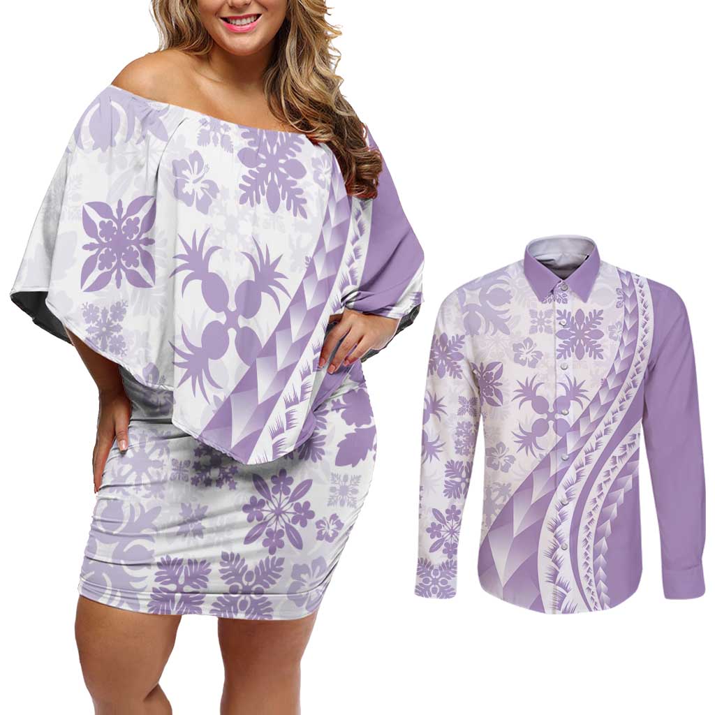Purple Hawaiian Quilt Pattern Couples Matching Off Shoulder Short Dress and Long Sleeve Button Shirt Mixed Polynesian Tribal Arty LT9 Purple - Polynesian Pride
