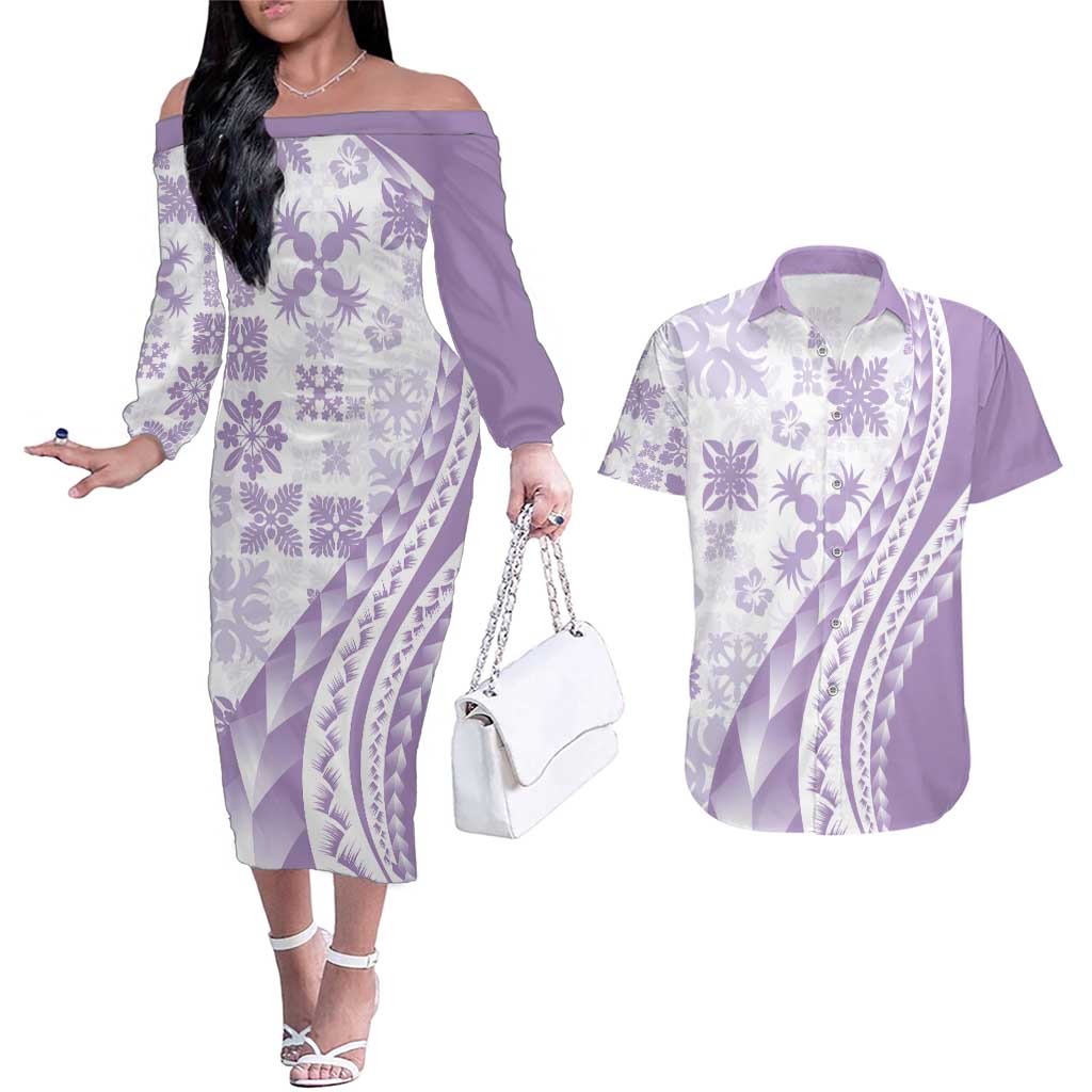 Purple Hawaiian Quilt Pattern Couples Matching Off The Shoulder Long Sleeve Dress and Hawaiian Shirt Mixed Polynesian Tribal Arty LT9 Purple - Polynesian Pride