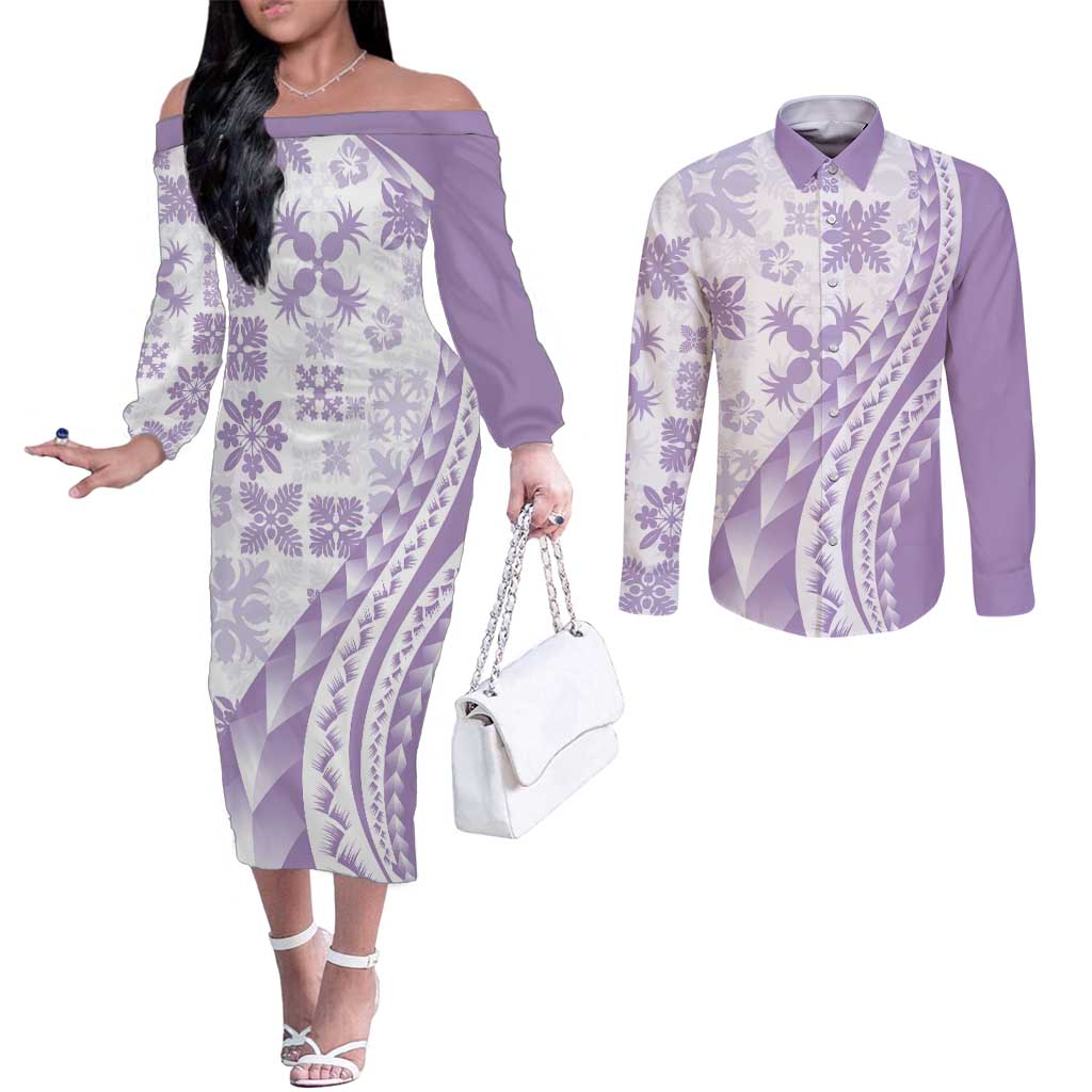 Purple Hawaiian Quilt Pattern Couples Matching Off The Shoulder Long Sleeve Dress and Long Sleeve Button Shirt Mixed Polynesian Tribal Arty LT9 Purple - Polynesian Pride
