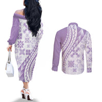 Purple Hawaiian Quilt Pattern Couples Matching Off The Shoulder Long Sleeve Dress and Long Sleeve Button Shirt Mixed Polynesian Tribal Arty LT9 - Polynesian Pride