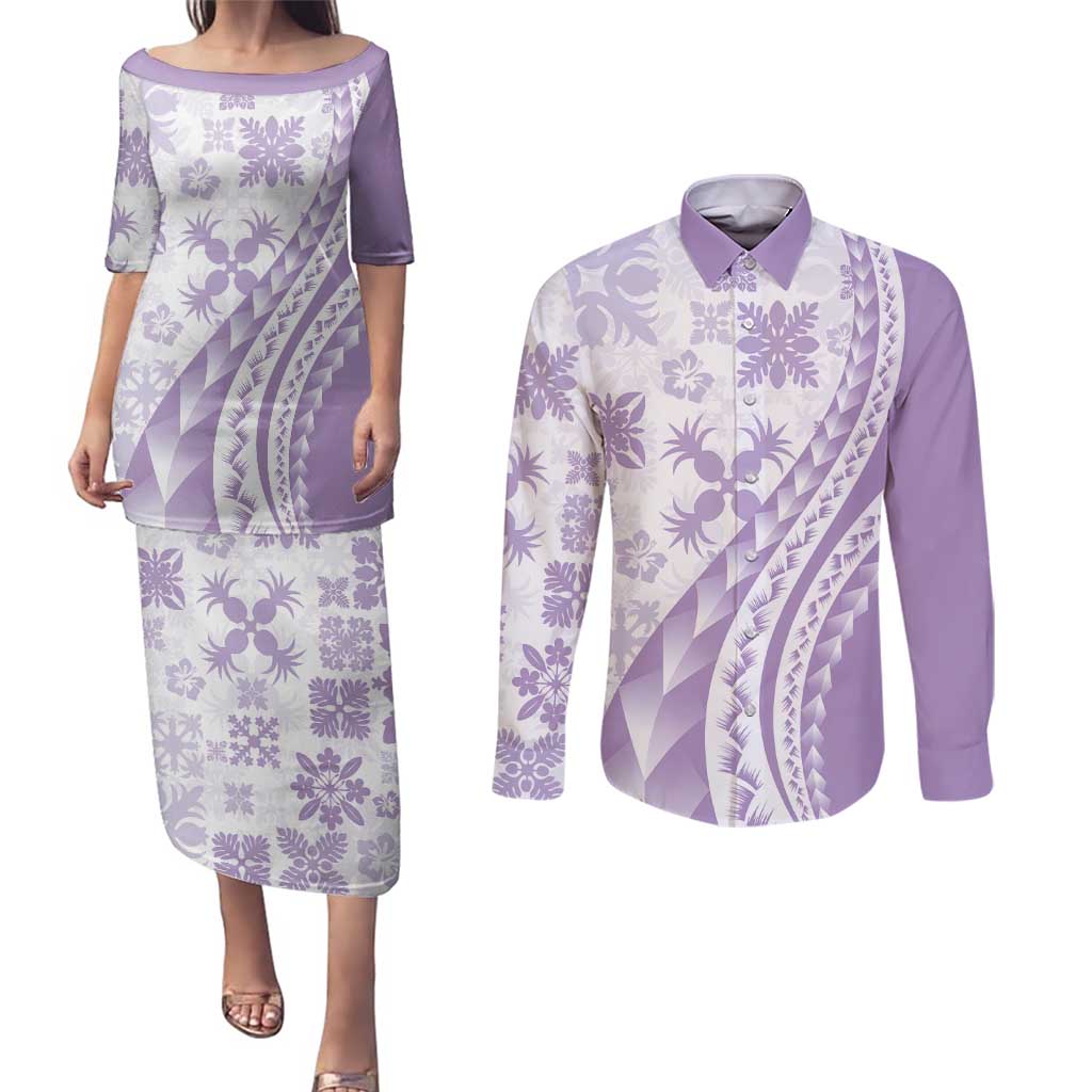 Purple Hawaiian Quilt Pattern Couples Matching Puletasi and Long Sleeve Button Shirt Mixed Polynesian Tribal Arty LT9 Purple - Polynesian Pride