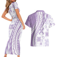 Purple Hawaiian Quilt Pattern Couples Matching Short Sleeve Bodycon Dress and Hawaiian Shirt Mixed Polynesian Tribal Arty LT9 - Polynesian Pride