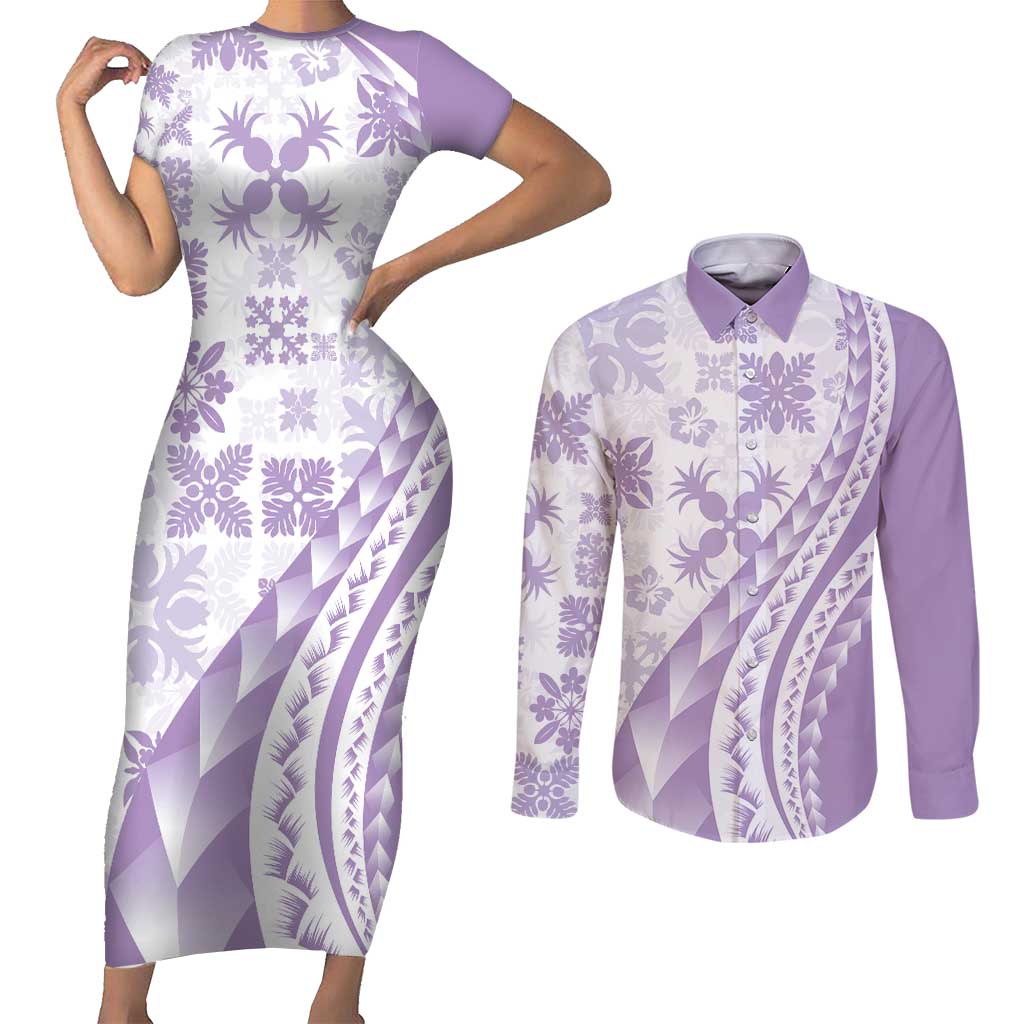 Purple Hawaiian Quilt Pattern Couples Matching Short Sleeve Bodycon Dress and Long Sleeve Button Shirt Mixed Polynesian Tribal Arty LT9 Purple - Polynesian Pride