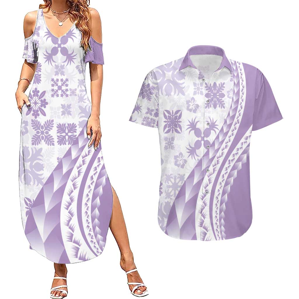 Purple Hawaiian Quilt Pattern Couples Matching Summer Maxi Dress and Hawaiian Shirt Mixed Polynesian Tribal Arty LT9 Purple - Polynesian Pride