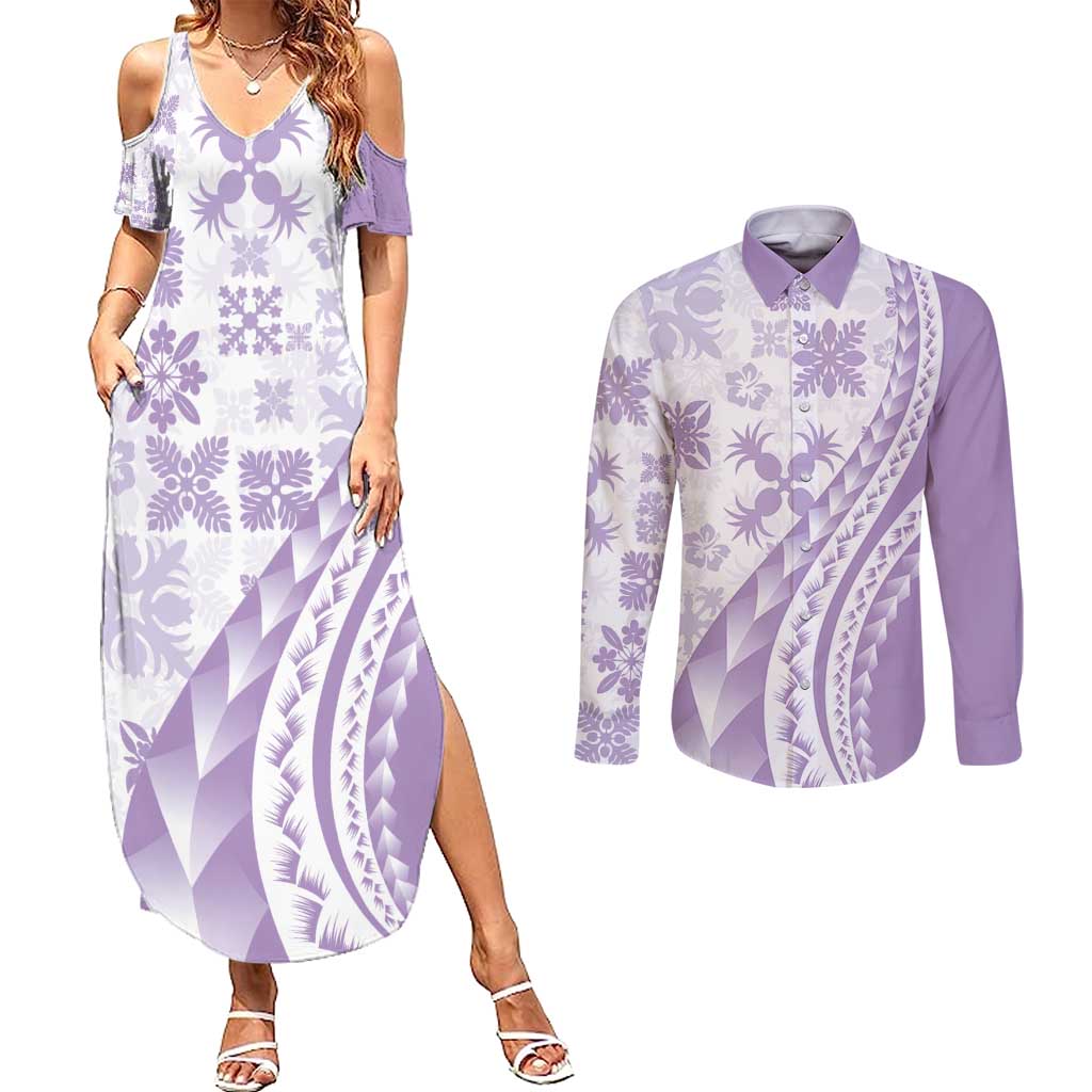 Purple Hawaiian Quilt Pattern Couples Matching Summer Maxi Dress and Long Sleeve Button Shirt Mixed Polynesian Tribal Arty LT9 Purple - Polynesian Pride