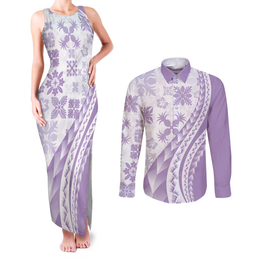 Purple Hawaiian Quilt Pattern Couples Matching Tank Maxi Dress and Long Sleeve Button Shirt Mixed Polynesian Tribal Arty LT9 Purple - Polynesian Pride