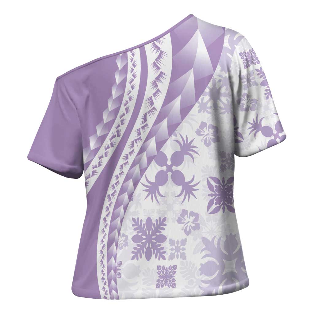 Purple Hawaiian Quilt Pattern Cross Shoulder Shirt Mixed Polynesian Tribal Arty - Polynesian Pride