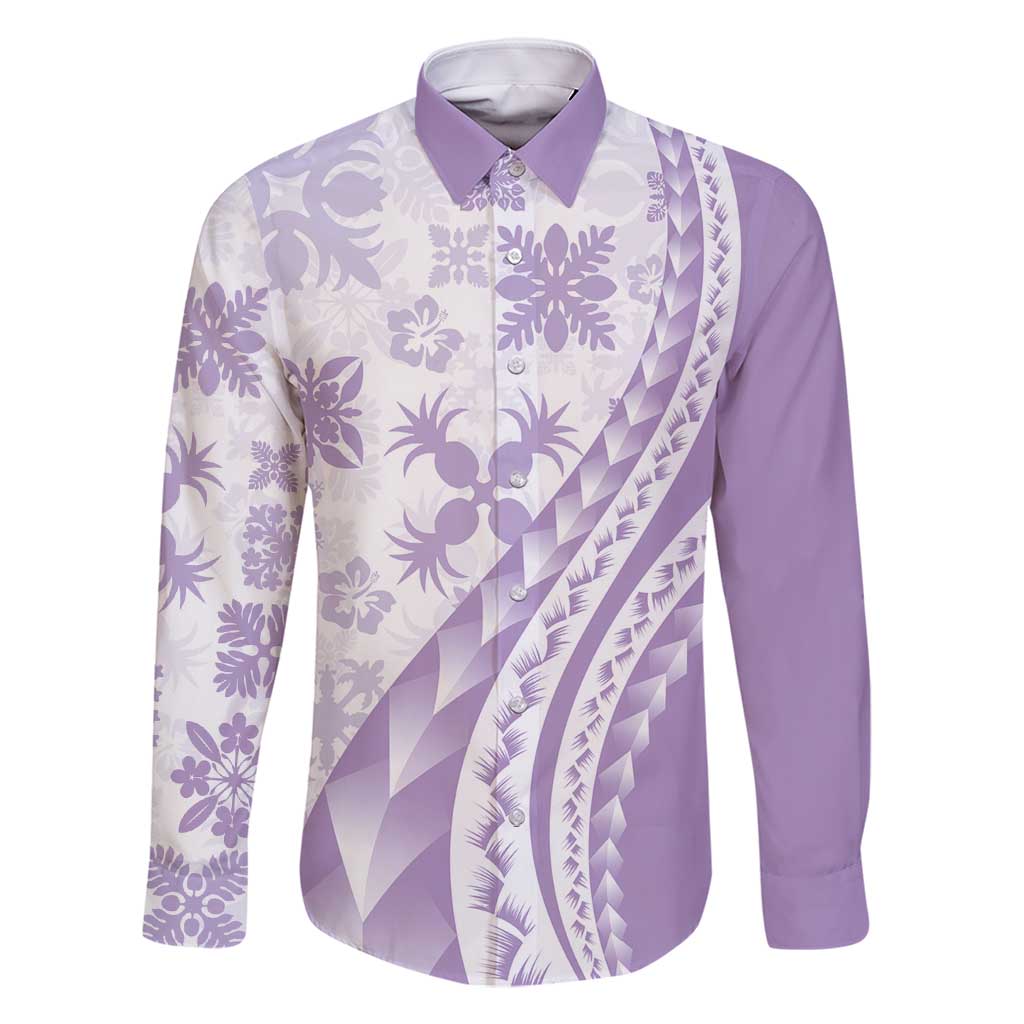 Purple Hawaiian Quilt Pattern Family Matching Mermaid Dress and Hawaiian Shirt Mixed Polynesian Tribal Arty LT9 Dad's Shirt - Long Sleeve Purple - Polynesian Pride