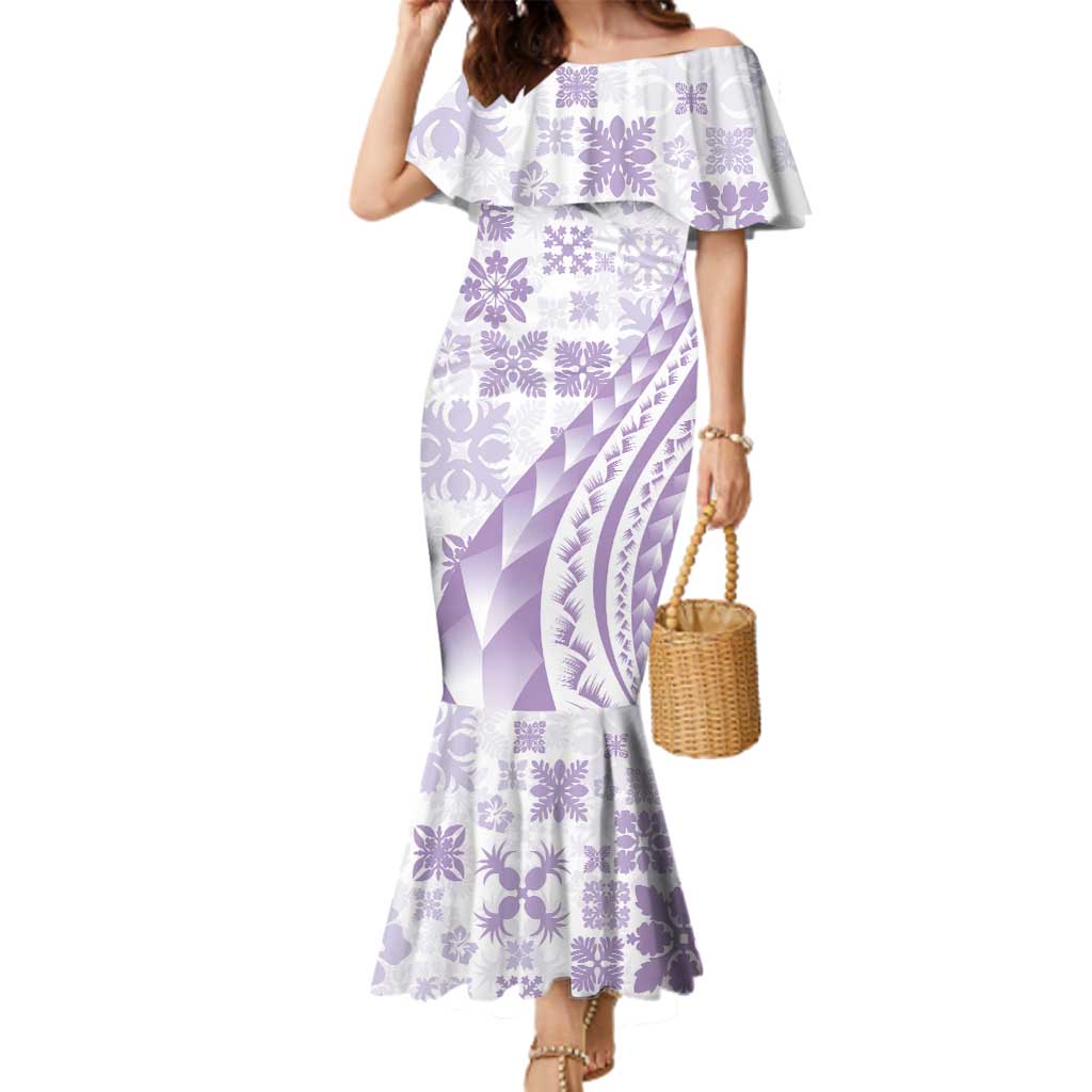 Purple Hawaiian Quilt Pattern Family Matching Mermaid Dress and Hawaiian Shirt Mixed Polynesian Tribal Arty LT9 Mom's Dress Purple - Polynesian Pride