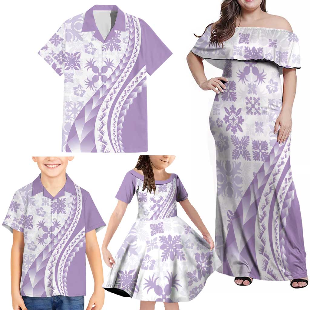 Purple Hawaiian Quilt Pattern Family Matching Off Shoulder Maxi Dress and Hawaiian Shirt Mixed Polynesian Tribal Arty LT9 - Polynesian Pride