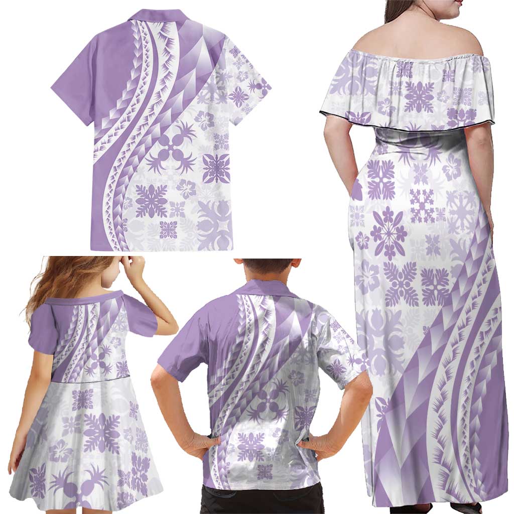 Purple Hawaiian Quilt Pattern Family Matching Off Shoulder Maxi Dress and Hawaiian Shirt Mixed Polynesian Tribal Arty LT9 - Polynesian Pride