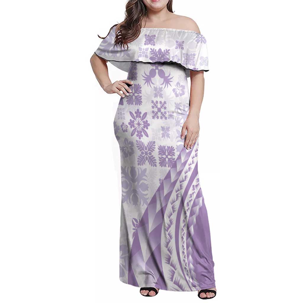 Purple Hawaiian Quilt Pattern Family Matching Off Shoulder Maxi Dress and Hawaiian Shirt Mixed Polynesian Tribal Arty LT9 Mom's Dress Purple - Polynesian Pride