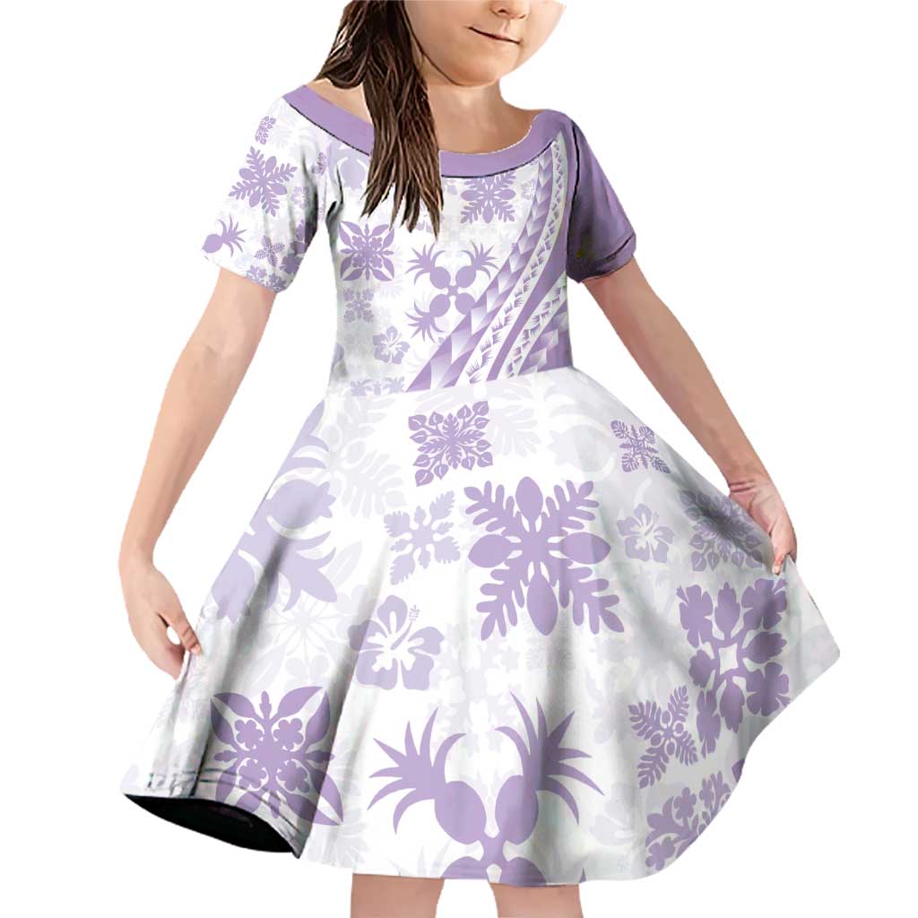 Purple Hawaiian Quilt Pattern Family Matching Off Shoulder Short Dress and Hawaiian Shirt Mixed Polynesian Tribal Arty LT9 Daughter's Dress Purple - Polynesian Pride