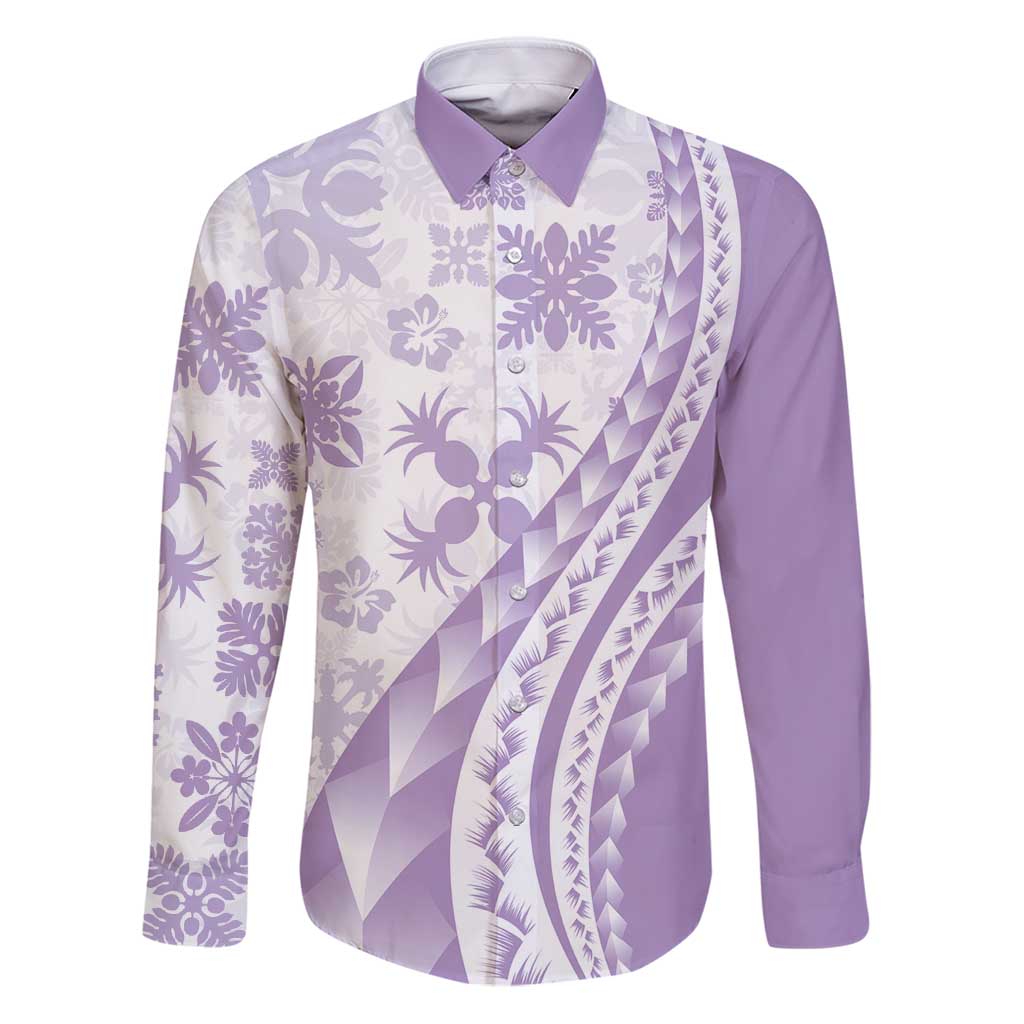 Purple Hawaiian Quilt Pattern Family Matching Puletasi and Hawaiian Shirt Mixed Polynesian Tribal Arty LT9 Dad's Shirt - Long Sleeve Purple - Polynesian Pride