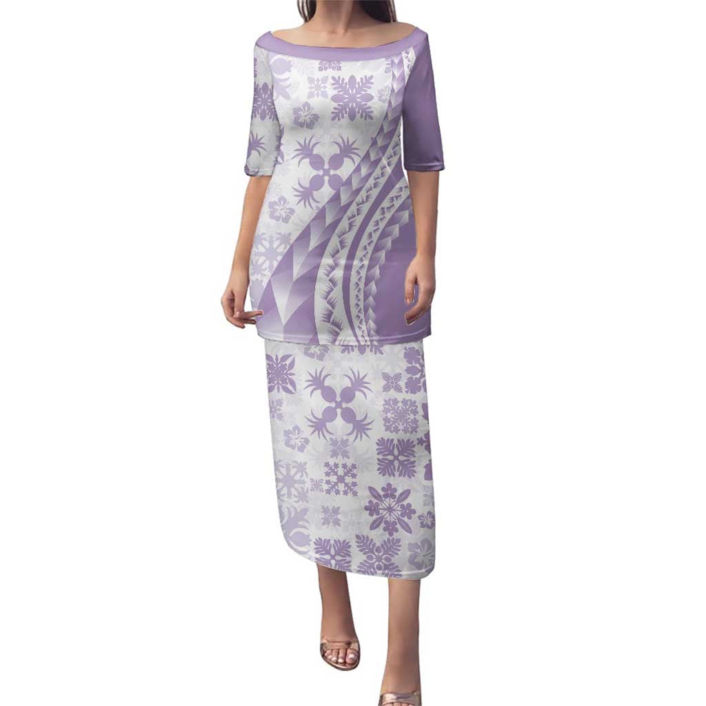 Purple Hawaiian Quilt Pattern Family Matching Puletasi and Hawaiian Shirt Mixed Polynesian Tribal Arty LT9 Mom's Dress Purple - Polynesian Pride