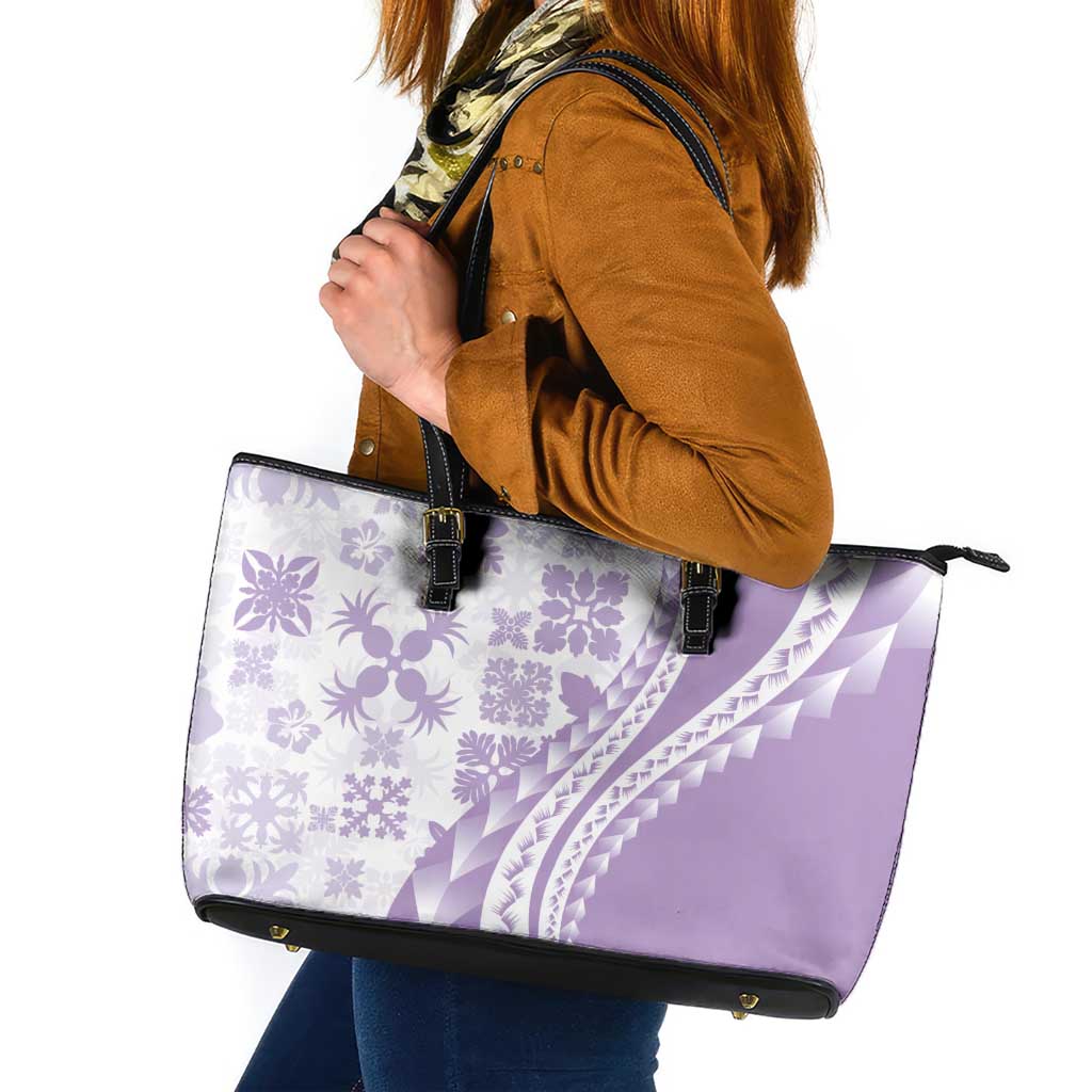 Purple Hawaiian Quilt Pattern Leather Tote Bag Mixed Polynesian Tribal Arty LT9 Purple - Polynesian Pride