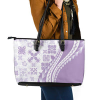 Purple Hawaiian Quilt Pattern Leather Tote Bag Mixed Polynesian Tribal Arty